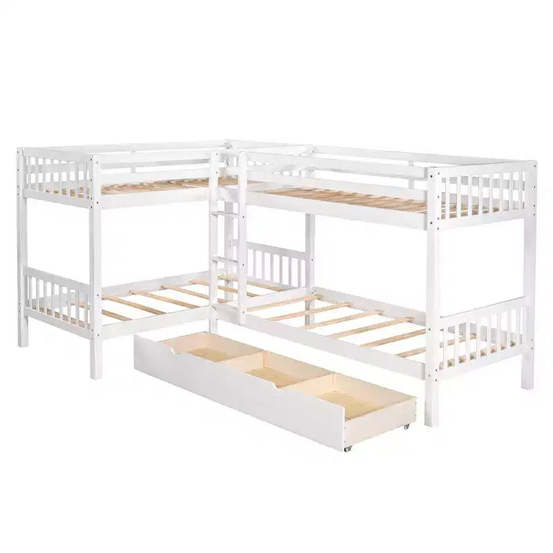 Lit superposé en L avec lit gigogne pour 4 enfants, cadre de lit superposé en bois avec tiroirs