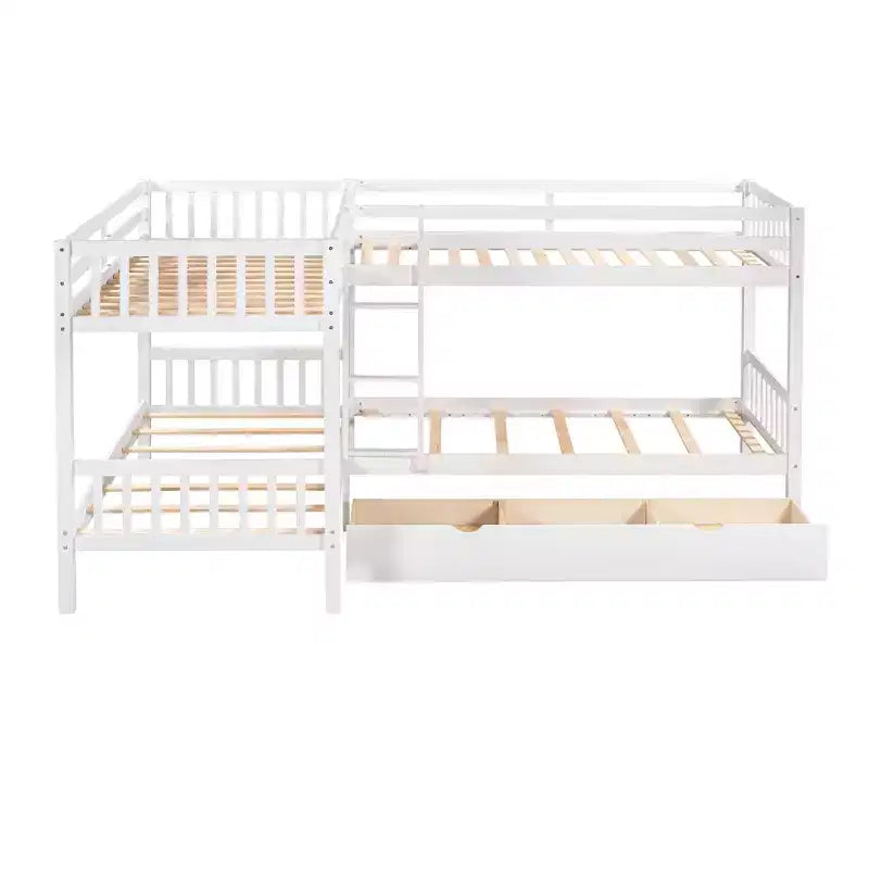 Lit superposé en L avec lit gigogne pour 4 enfants, cadre de lit superposé en bois avec tiroirs