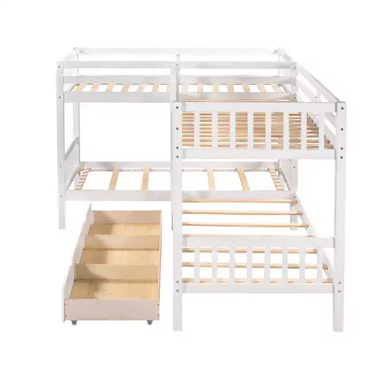 Lit superposé en L avec lit gigogne pour 4 enfants, cadre de lit superposé en bois avec tiroirs