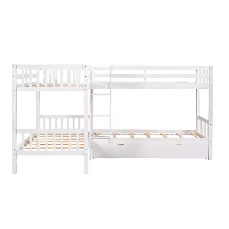 Lit superposé en L avec lit gigogne pour 4 enfants, cadre de lit superposé en bois avec tiroirs