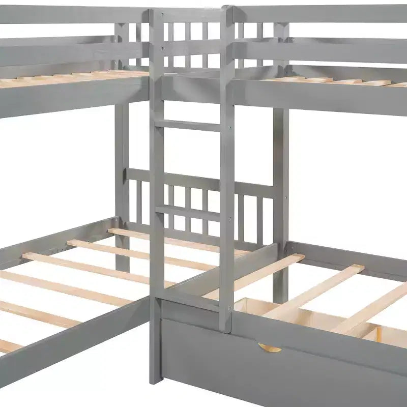 Lit superposé en L avec lit gigogne pour 4 enfants, cadre de lit superposé en bois avec tiroirs