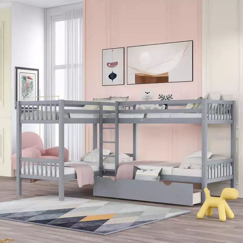 L-Shaped Twin over Twin Bunk Bed with Trundle for 4 Kids, Wood Twin Size Bunk Bed Frame with Drawers