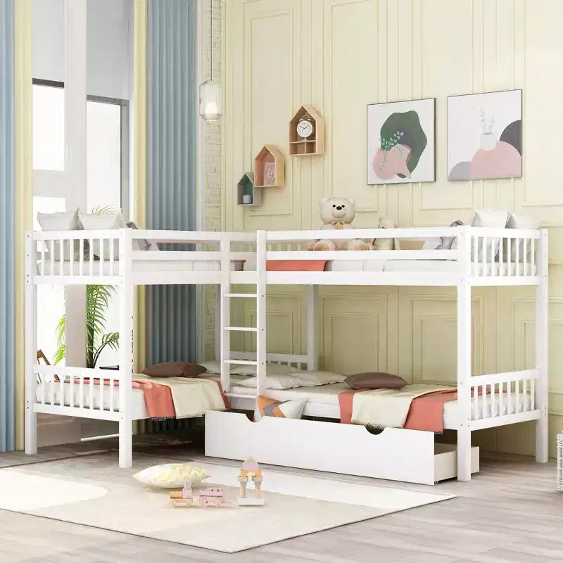 Lit superposé en L avec lit gigogne pour 4 enfants, cadre de lit superposé en bois avec tiroirs