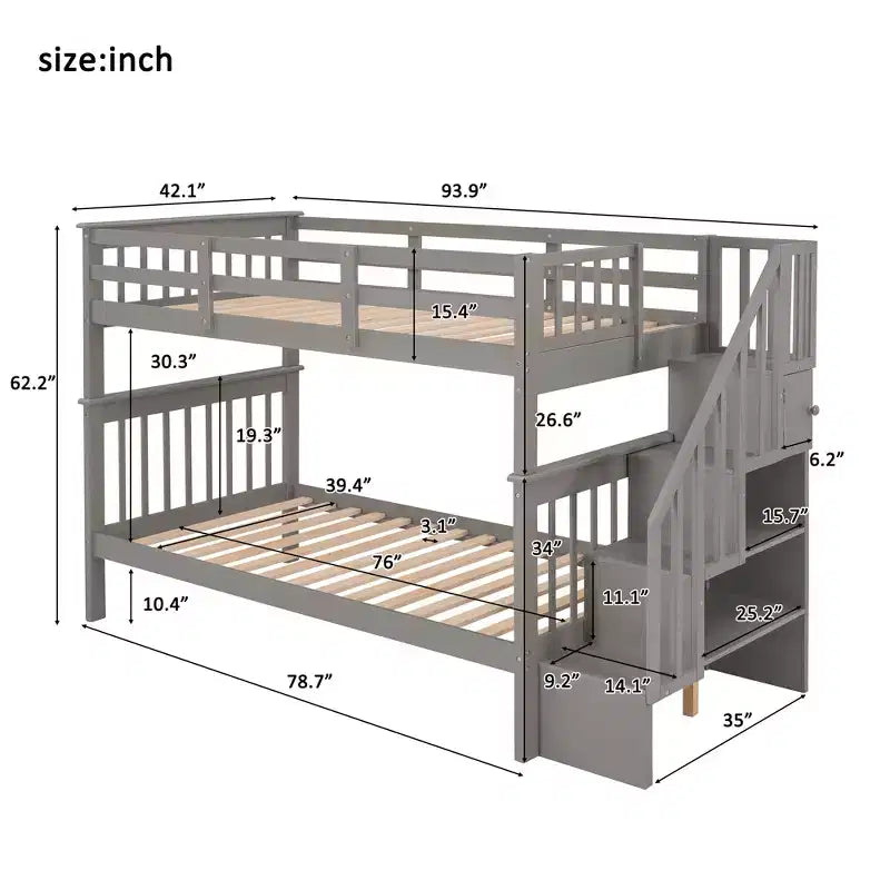 Lit superposé enfant à double escalier avec rangement et garde-corps pour chambre à coucher ou dortoir