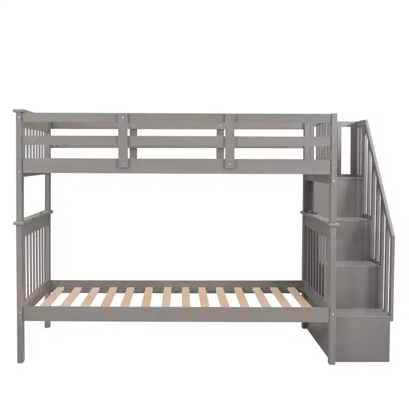 Lit superposé enfant à double escalier avec rangement et garde-corps pour chambre à coucher ou dortoir