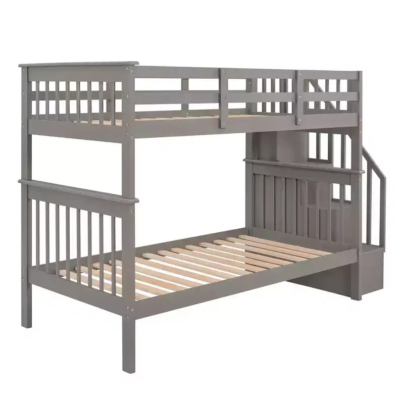 Lit superposé enfant à double escalier avec rangement et garde-corps pour chambre à coucher ou dortoir