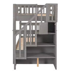 Lit superposé enfant à double escalier avec rangement et garde-corps pour chambre à coucher ou dortoir