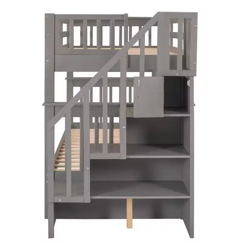 Lit superposé enfant à double escalier avec rangement et garde-corps pour chambre à coucher ou dortoir