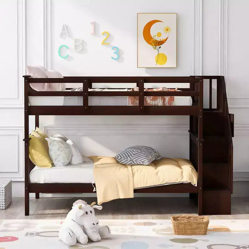 Lit superposé enfant à double escalier avec rangement et garde-corps pour chambre à coucher ou dortoir