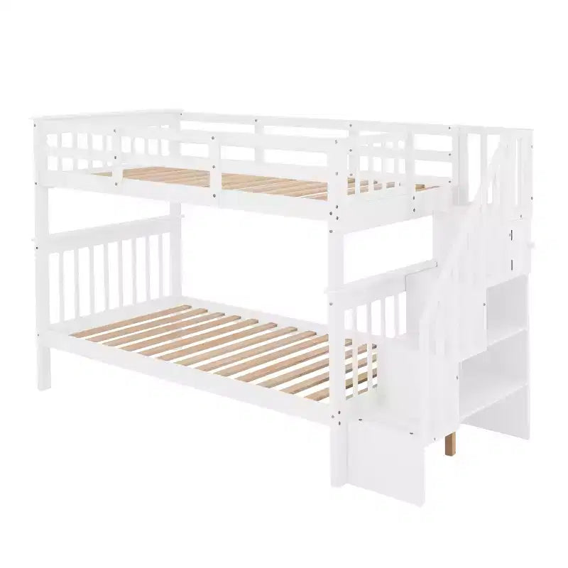 Lit superposé enfant à double escalier avec rangement et garde-corps pour chambre à coucher ou dortoir