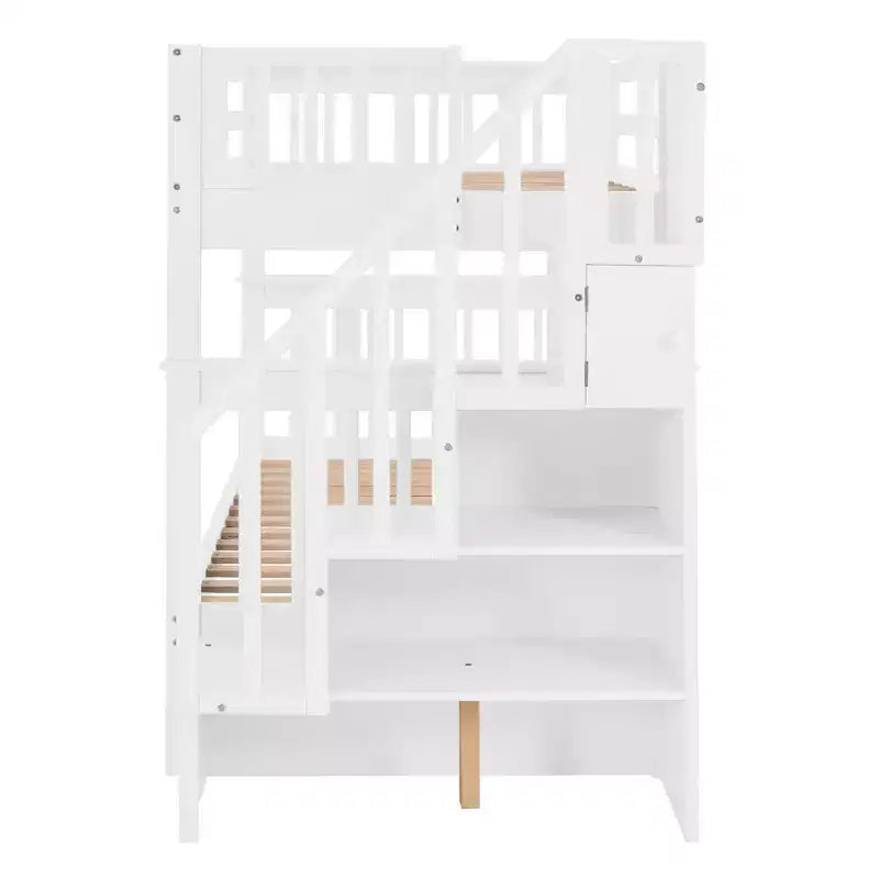 Lit superposé enfant à double escalier avec rangement et garde-corps pour chambre à coucher ou dortoir
