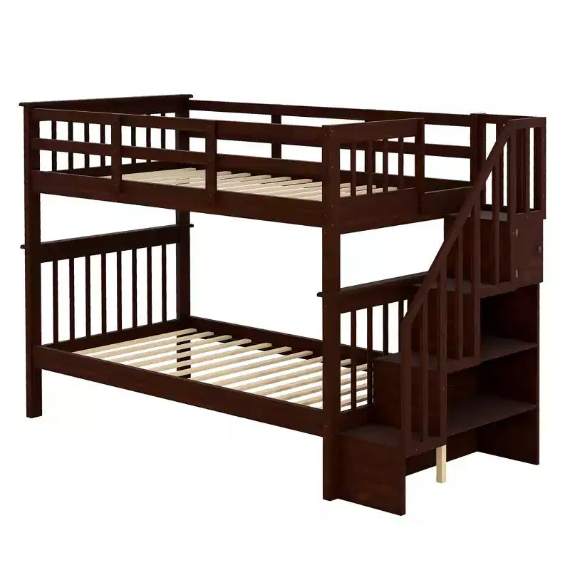 Lit superposé enfant à double escalier avec rangement et garde-corps pour chambre à coucher ou dortoir