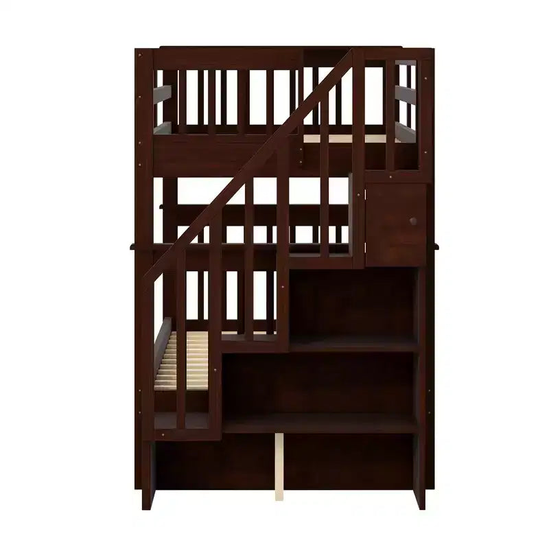Lit superposé enfant à double escalier avec rangement et garde-corps pour chambre à coucher ou dortoir