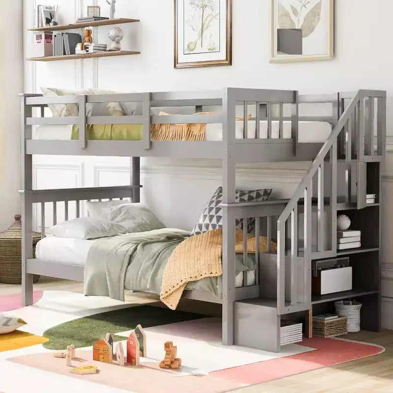Lit superposé enfant à double escalier avec rangement et garde-corps pour chambre à coucher ou dortoir
