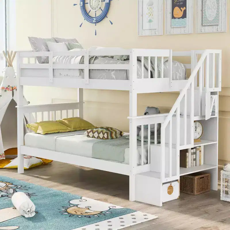 Lit superposé enfant à double escalier avec rangement et garde-corps pour chambre à coucher ou dortoir