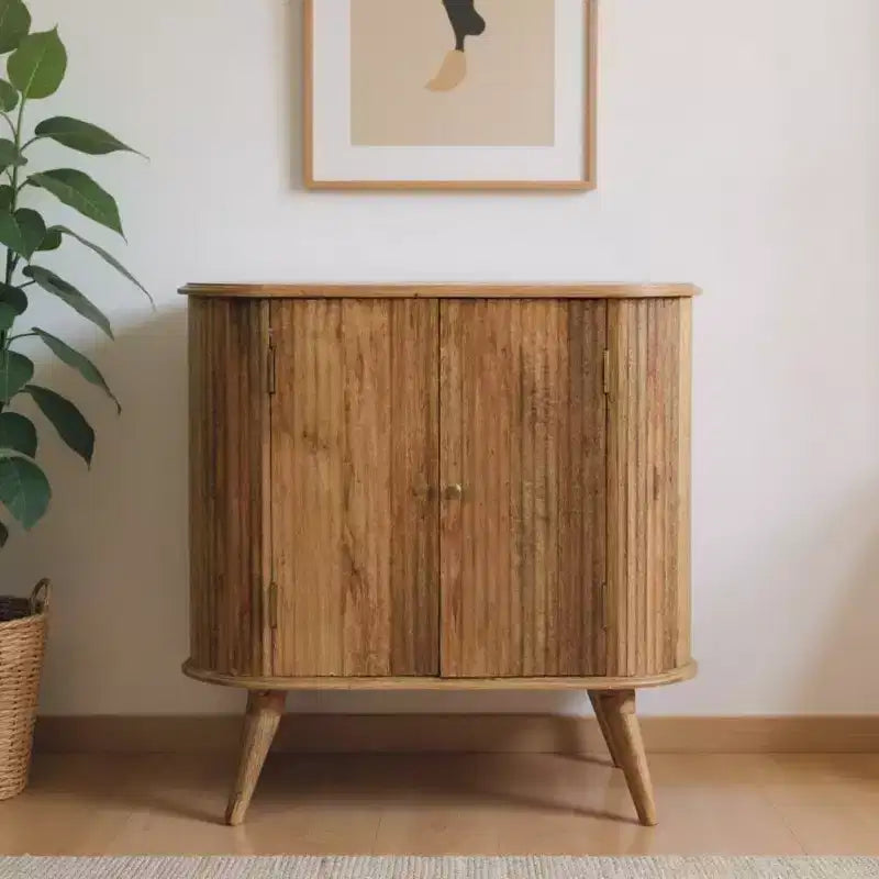 HomeRoots Meuble Bas Oval en Bois Massif Marron 32 avec Deux Portes et Texture Nervurée