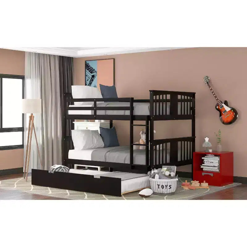 Lit superposé double sur double avec lit gigogne simple, Cadre de lit superposé en bois double pour enfants, adolescents et adultes, convertible en 2 lits