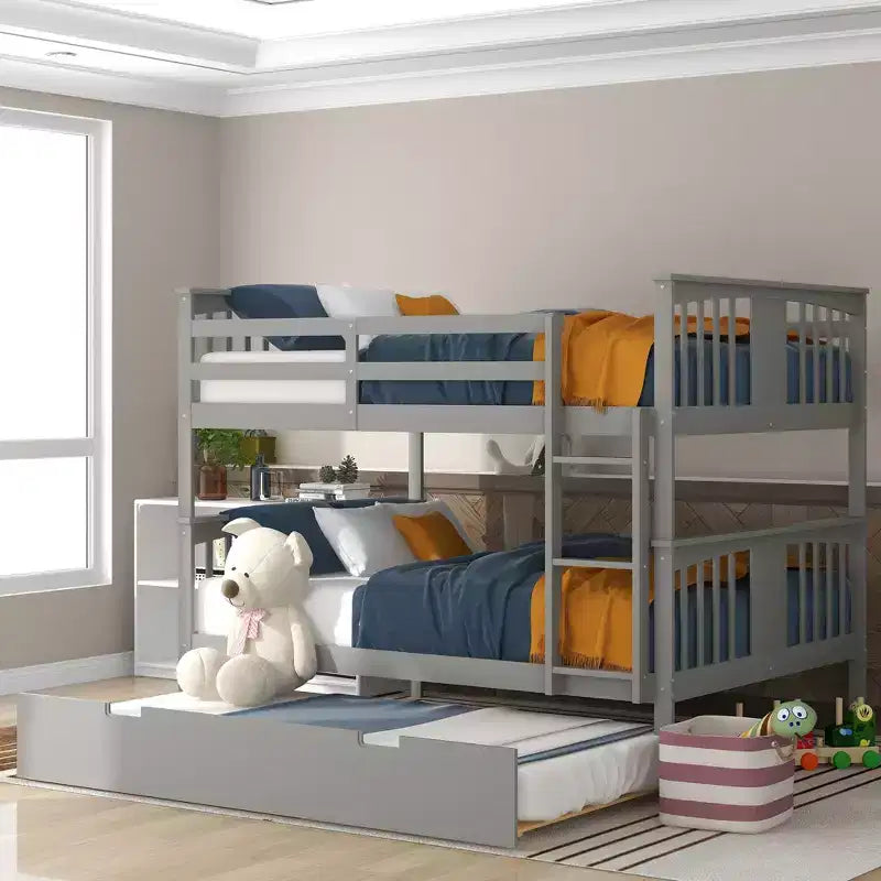 Lit superposé double sur double avec lit gigogne simple, Cadre de lit superposé en bois double pour enfants, adolescents et adultes, convertible en 2 lits