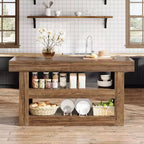 Lantine 55 - Îlot de cuisine, table d'îlot fixe à 3 niveaux avec grand plan de travail, meuble de rangement en bois pour bar à café et salle à manger