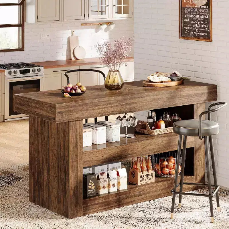 Lantine 55 - Îlot de cuisine, table d'îlot fixe à 3 niveaux avec grand plan de travail, meuble de rangement en bois pour bar à café et salle à manger