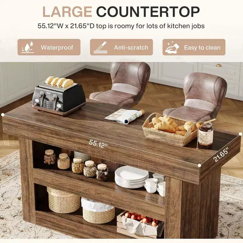Lantine 55 - Îlot de cuisine, table d'îlot fixe à 3 niveaux avec grand plan de travail, meuble de rangement en bois pour bar à café et salle à manger
