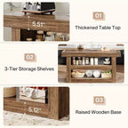 Lantine 55 - Îlot de cuisine, table d'îlot fixe à 3 niveaux avec grand plan de travail, meuble de rangement en bois pour bar à café et salle à manger