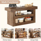 Lantine 55 - Îlot de cuisine, table d'îlot fixe à 3 niveaux avec grand plan de travail, meuble de rangement en bois pour bar à café et salle à manger
