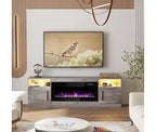 Meuble TV CuisinSmart avec éclairage LED (jusqu'à 75 pouces), Console TV multimédia moderne en bois de 70 pouces avec meuble de rangement pour salon (cheminée non incluse)