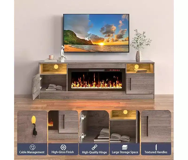 Meuble TV CuisinSmart avec éclairage LED (jusqu'à 75 pouces), Console TV multimédia moderne en bois de 70 pouces avec meuble de rangement pour salon (cheminée non incluse)