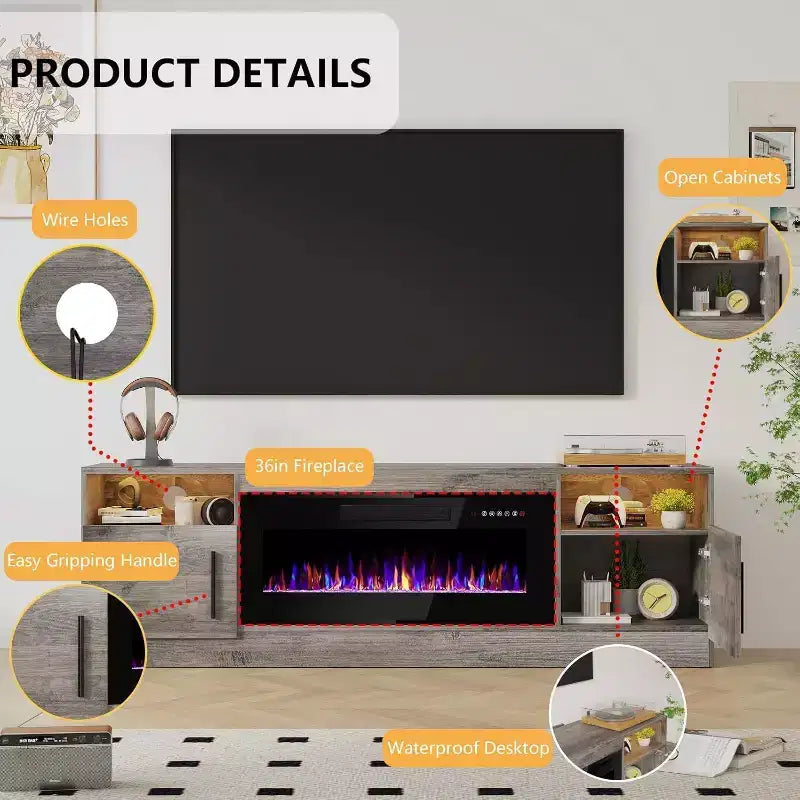 Meuble TV CuisinSmart avec éclairage LED (jusqu'à 75 pouces), Console TV multimédia moderne en bois de 70 pouces avec meuble de rangement pour salon (cheminée non incluse)