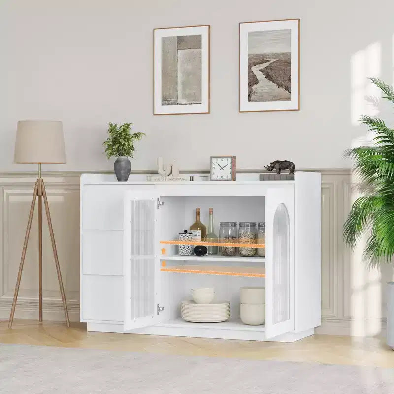 48 Buffet, Modern Storage Cabinet with 3 Drawers, Illuminated Sideboard with Glass Doors, Kitchen, Dining Room Coffee Bar, White