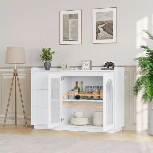 48 Buffet, Modern Storage Cabinet with 3 Drawers, Illuminated Sideboard with Glass Doors, Kitchen, Dining Room Coffee Bar, White