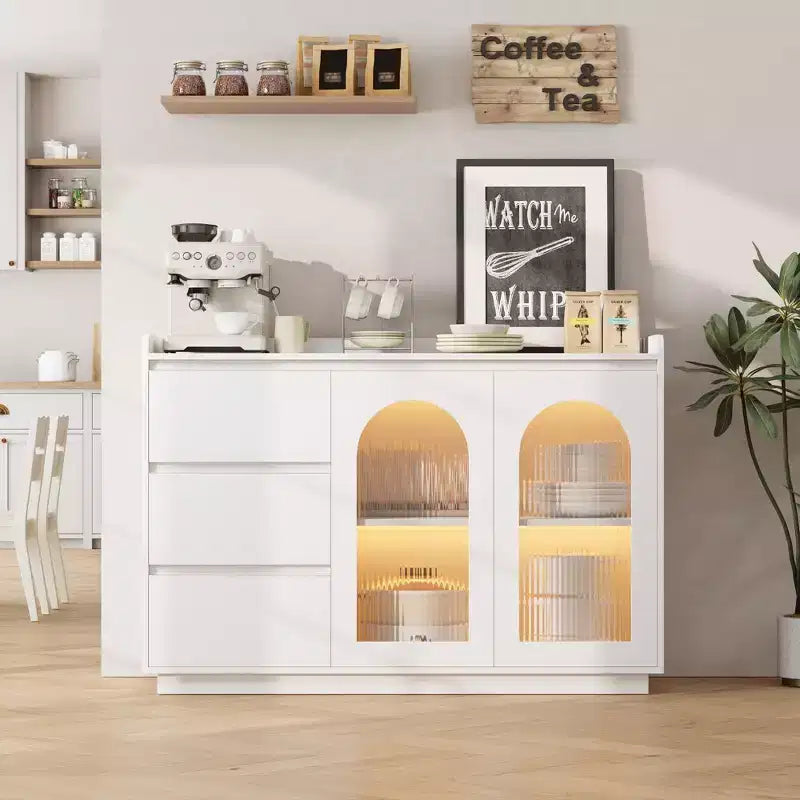 48 Buffet, Bahut Moderne avec 3 Tiroirs, Enfilade Éclairée avec Portes Vitrées, Bar à Café pour Cuisine, Salle à Manger, Blanc
