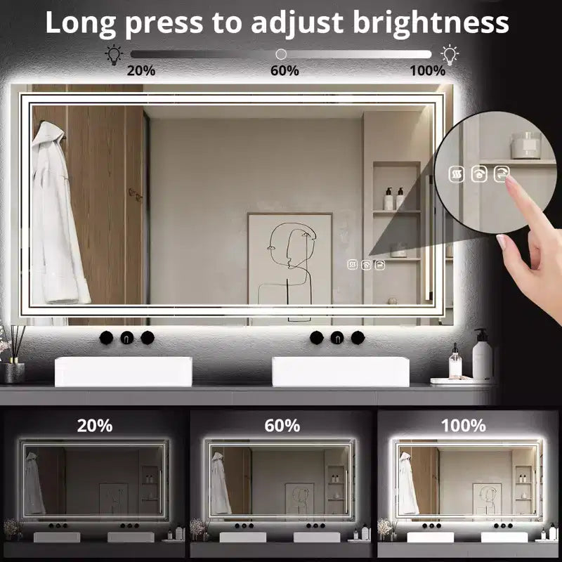 Miroir de salle de bain, miroir de courtoisie anti-buée avec lumières à intensité variable