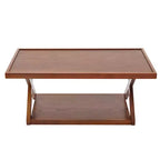 Table basse Bekrvio 40 en chêne massif, table centrale rectangulaire de style ferme moderne à 2 niveaux avec étagère de rangement et pieds en X, finition noyer
