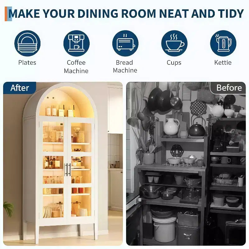 GustoWave 70 Armoire de Cuisine Haute Cintrée avec LED, Bibliothèque Cintrée en Bois avec Portes Vitrées et Étagères Réglables, Blanc Élégant