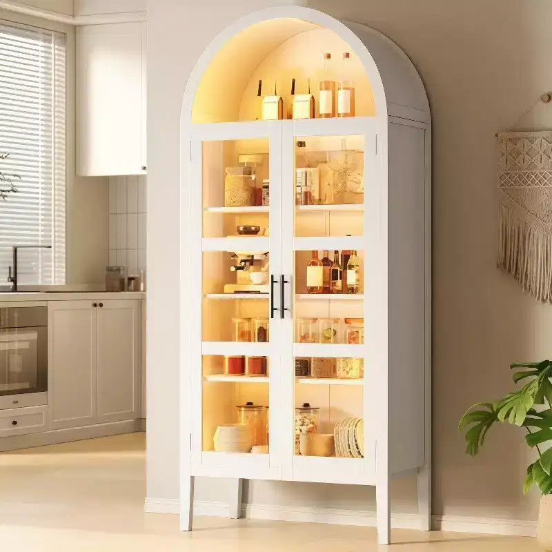 GustoWave 70 Armoire de Cuisine Haute Cintrée avec LED, Bibliothèque Cintrée en Bois avec Portes Vitrées et Étagères Réglables, Blanc Élégant