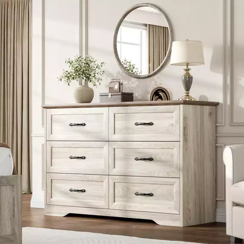 6 Drawers Dresser for Bedroom,Chest of Drawers with Wide Metal Handle,Farmhouse Modern Wooden Dresser,Natural Texture,Storage Organizer for Bedroom