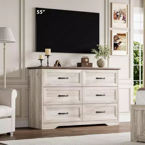 Commode à 6 tiroirs pour chambre à coucher, commode avec poignée métallique large, commode en bois moderne de style rustique, texture naturelle, organisateur de rangement pour chambre à coucher