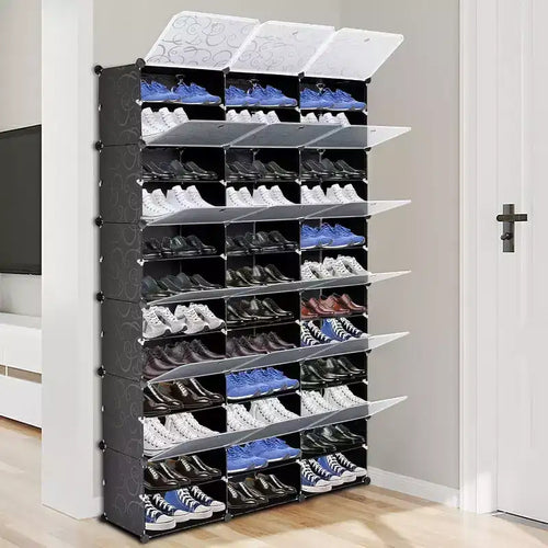 Acekool Étagère à Chaussures 12 Niveaux, Meuble à Chaussures Modulable en Plastique avec Portes, Grand Rangement d'Entrée