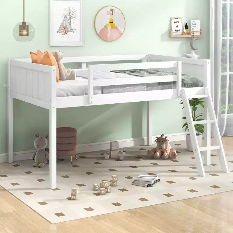 Okak Lit mezzanine enfant double/grand format 79,5 pouces avec échelle amovible, cadres de lit avec garde-corps de sécurité, lit mezzanine pour chambre d'enfant, salle de jeux
