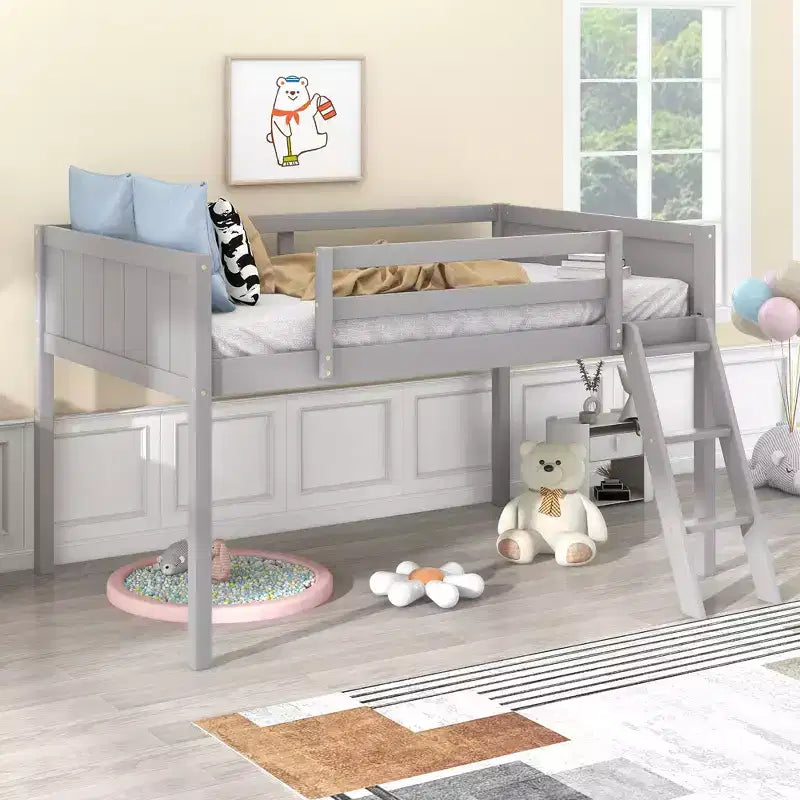 Okak Lit mezzanine enfant double/grand format 79,5 pouces avec échelle amovible, cadres de lit avec garde-corps de sécurité, lit mezzanine pour chambre d'enfant, salle de jeux