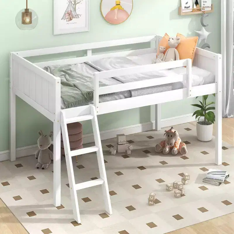 Okak Lit mezzanine enfant double/grand format 79,5 pouces avec échelle amovible, cadres de lit avec garde-corps de sécurité, lit mezzanine pour chambre d'enfant, salle de jeux