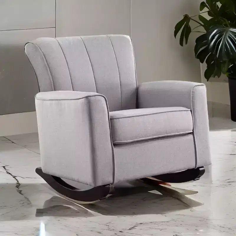 Royal Hampton 34 Inch Rocking Chair, Wood Frame, Vertical Channel Tufted Gray Linen