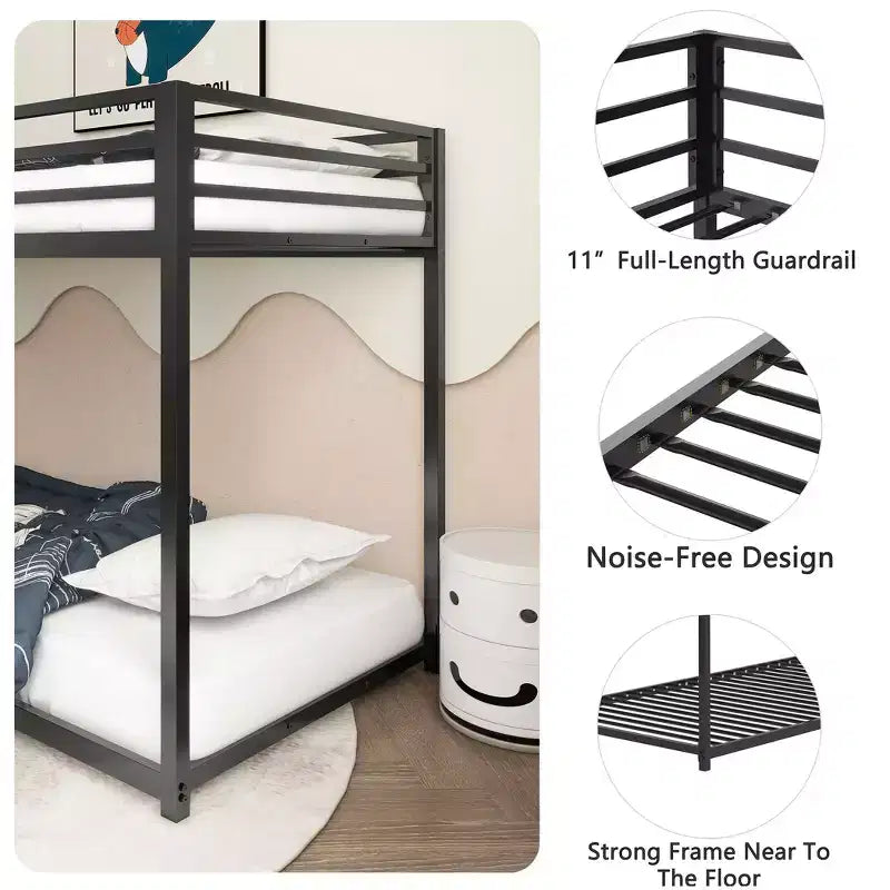Lits superposés Okak 76,69 po pour enfants, lits jumeaux, avec cadre en métal, lits superposés bas avec échelle et barrières de sécurité, cadres de lit pour chambre, noirs