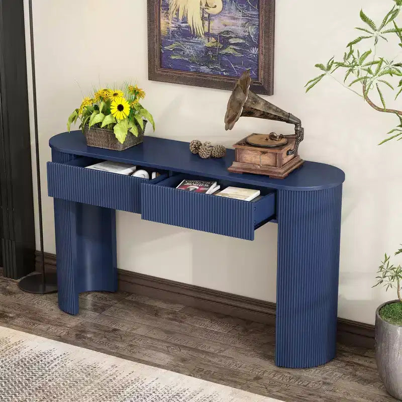 Table console moderne Okak 54 po avec design cannelé, table d'entrée avec 2 tiroirs de rangement et plateau ovale, table d'appoint pour couloir, salon, marine