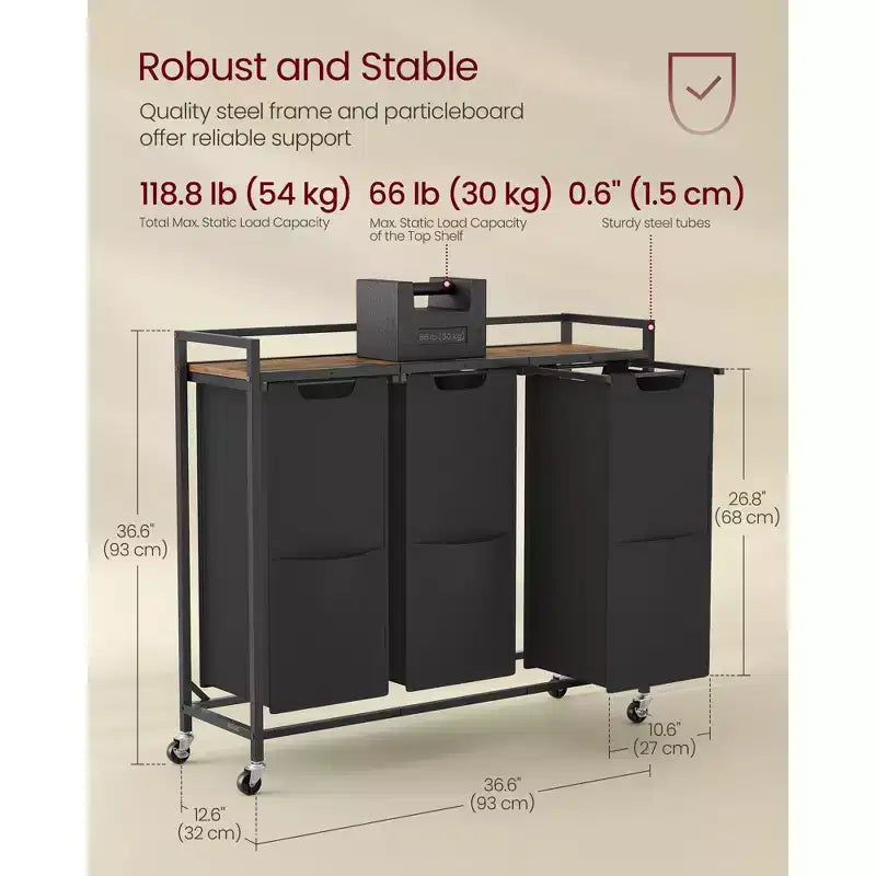 Chariot de tri de linge à 3 compartiments avec sacs amovibles, panier à linge roulant de 165 litres avec étagère supérieure et roulettes freinées