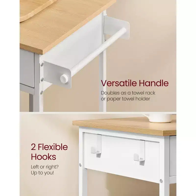 Desserte de cuisine mobile avec 2 tiroirs et porte-serviettes, chariot de rangement roulant de 98,5 cm avec roues verrouillables, chêne beige et blanc
