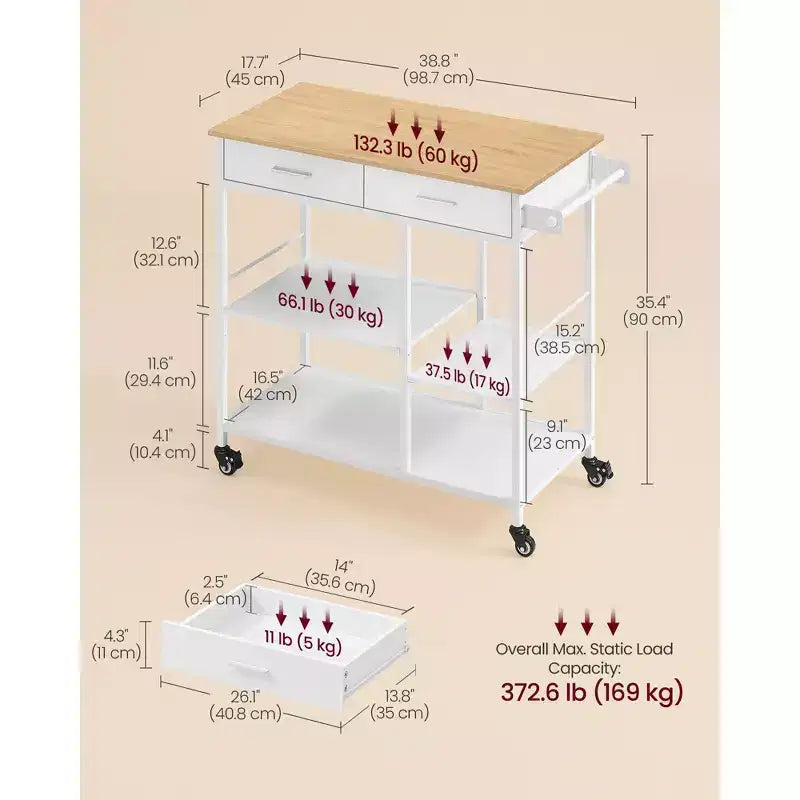 Desserte de cuisine mobile avec 2 tiroirs et porte-serviettes, chariot de rangement roulant de 98,5 cm avec roues verrouillables, chêne beige et blanc