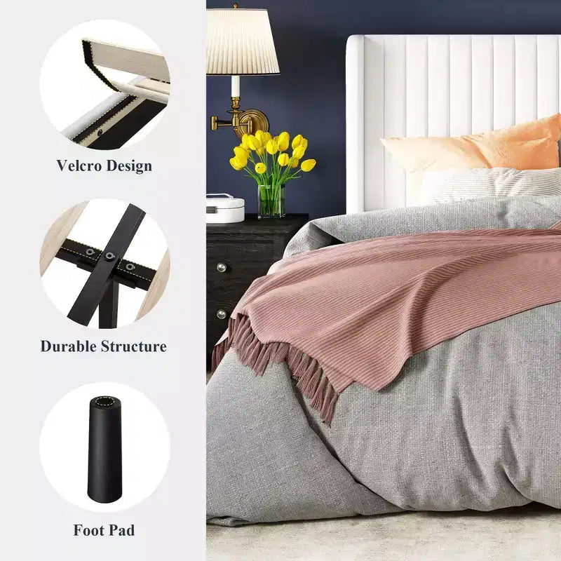 Lit rembourré en velours avec tête de lit capitonnée à oreilles, aucun sommier tapissier requis